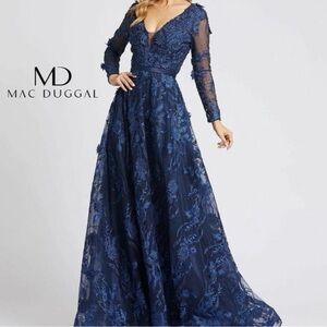 Mac Duggal Navy Floral Embroidered Long Sleeve Gown